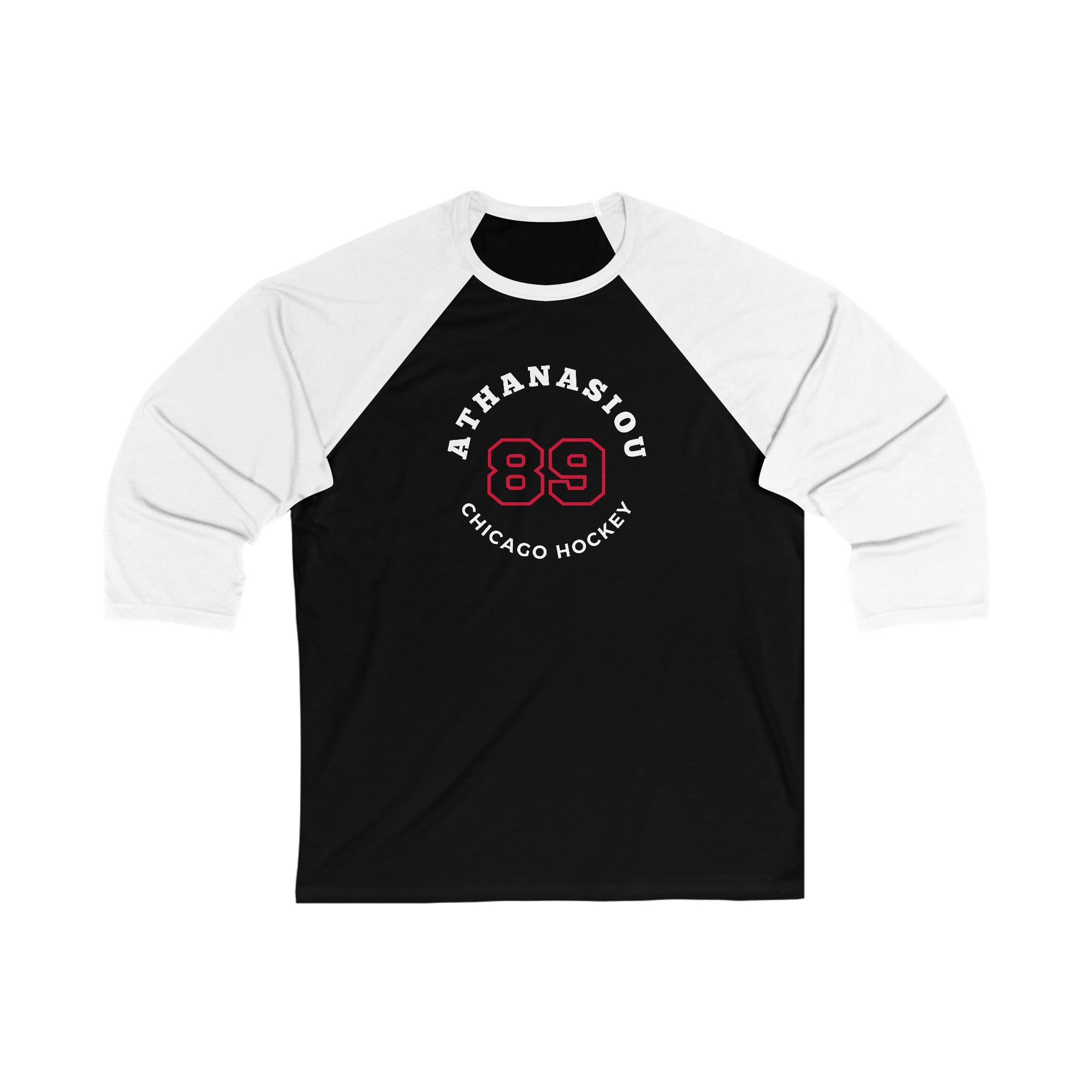 Athanasiou 89 Chicago Hockey Number Arch Design Unisex Tri-Blend 3/4 Sleeve Raglan Baseball Shirt